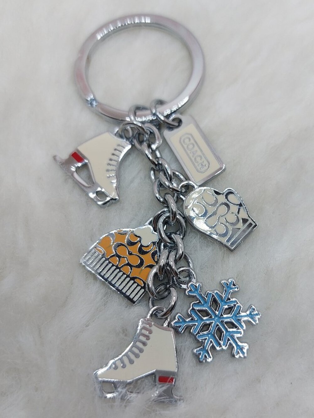Coach Multicolor Winter Skating Snowflake Enamel & Silver Spilt Ring Key Chain